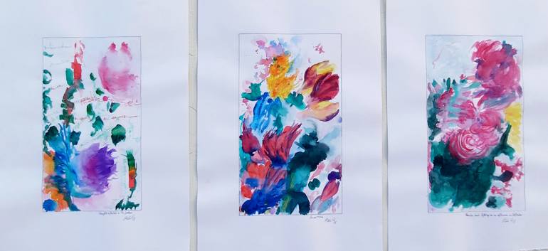 Original Landscape Painting by Ester Q | Abstract Expressionism Art on Paper | Abstract Watercolor Garden - Triptych (Set of 3)