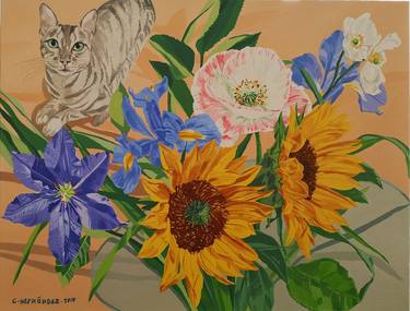 Still Life and Cat, sunflowers, clematis. thumb