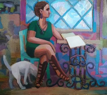 Woman, book, dog. thumb