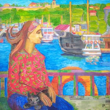 a woman on Bosphorus with cat. thumb