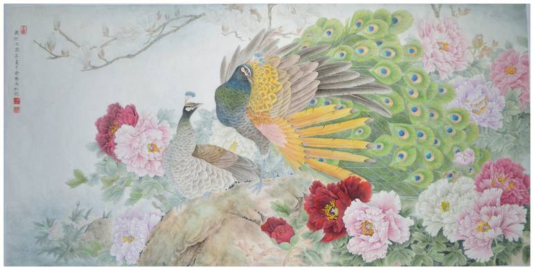 Peacock and Peony Dancing under Spring Sunshine - Original Chinese ...