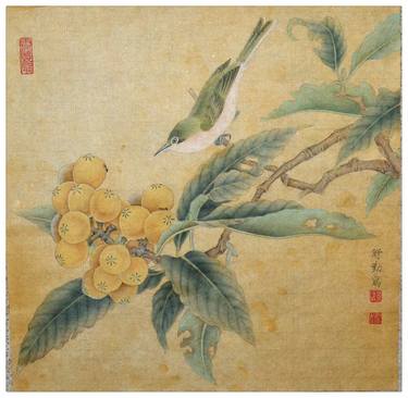 Archaizing Ancient Chinese Painting- Loquat Fruit with bird - Original Chinese Gongbi Painting by Qin Shu  thumb