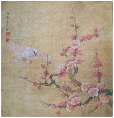 Plum Blossom and White Parrot In Winter Sunshine - Original Chinese Painting by Qin Shu thumb