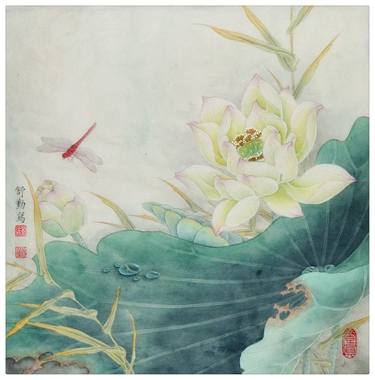 White Lotus Flower Clean as Water - Original Gongbi Painting by Qin Shu thumb