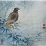 Bamboo and Mocking Bird Enjoying Snowy Winter - Original Chinese Painting by Qin Shu by Qin Shu