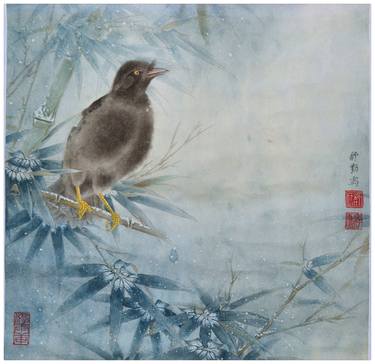 Bamboo and Mocking Bird Enjoying Snowy Winter - Original Chinese Painting by Qin Shu thumb