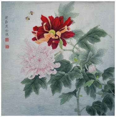 Chrysanthemums in Golden Fall - Original Chinese Painting by Qin Shu thumb