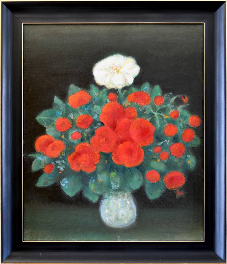 Original Floral Painting by Besik Arbolishvili | Art Deco Art on Canvas | "Red and white flowers"