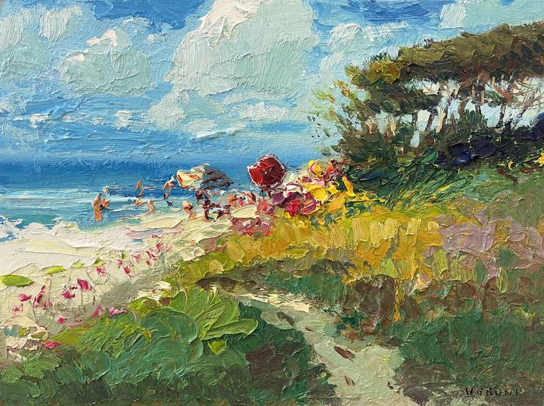 Original Beach Painting by Agostino Veroni | Impressionism Art on Wood | Summer Beach and Maritime Pines