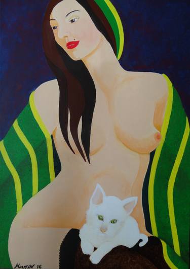 Nu Au Petit Chat Blanc Nude With Little White Cat Painting By Bernard Moutin Saatchi Art