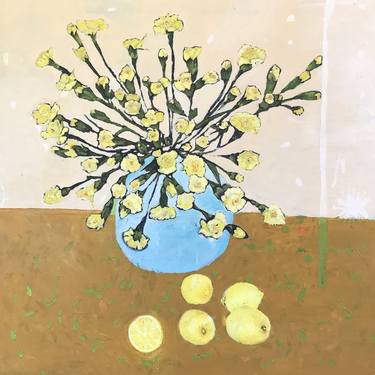 A SPRAY OF YELLOW CARNATIONS AND LEMONS thumb