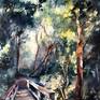 Hidden path
Watercolor painting of part in a summer forest, wooden bridge and sun light on trees.

Watercolor on paper: Arches cold press 100% cotton archival watercolor paper 140lb.

Not framed.
Certificate of Authenticity is included.

Signed on top.
Signed and dated on a back.