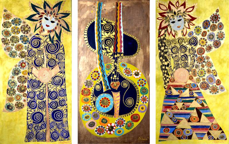 Simul (tree pieces, each 40x100 cm, triptix) Painting by Maria Andrade  Andrade