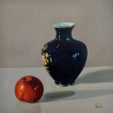 Still life with cobalt blue vase and red apple thumb