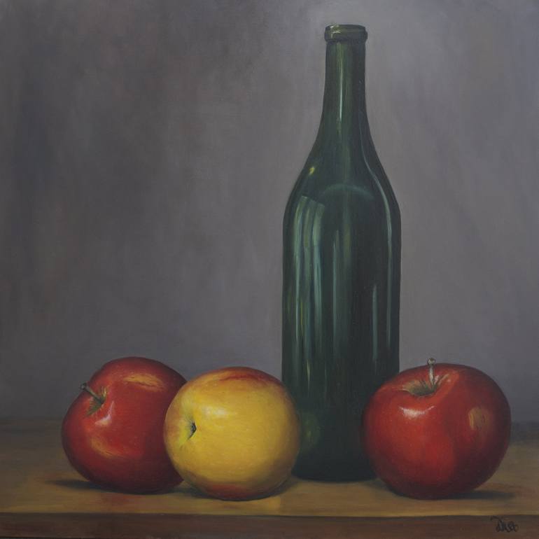 Still life with bottle and three Apples Painting by Jasmine Diez ...