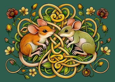 Two little wood mice playing with knotwork thumb