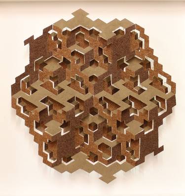 Organic Design Engineered Artwork - Pine Needles, Sand, Dried Leaves - 3 Foot Hand Built Shadow Box Optical Illusion Geometric Relief thumb