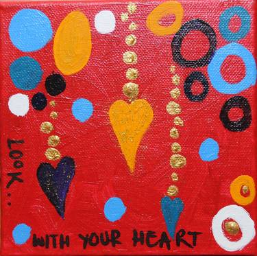 Bright red energetic vibrant modern poetic art polka dot love hearts gold sparkle box canvas painting 'Look with your heart 6" x 6" x 1.1/2" thumb