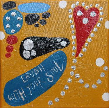 Laugh with your soul bright energetic mustard yellow polka dot and blue and silver modern art hearts and circles pebbles cute box canvas 6" x 6" x 1.1 thumb