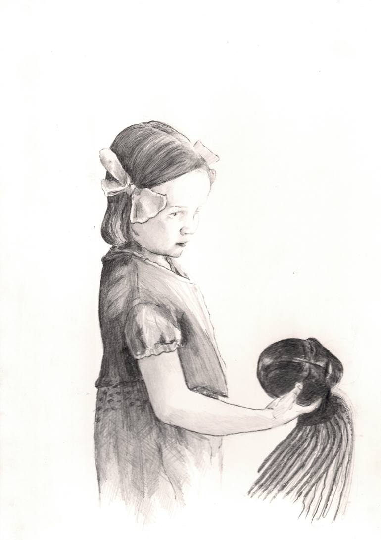 Girl with doll Drawing by Regine Kuschke | Saatchi Art