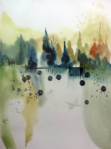 Watercolor Surreal Landscape of Afternoon Yard thumb