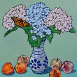 STILL LIFE WITH HYDRANGEAS,MONARCH BUTTERFLY,PEACHES & APPLES by Claudio Barake