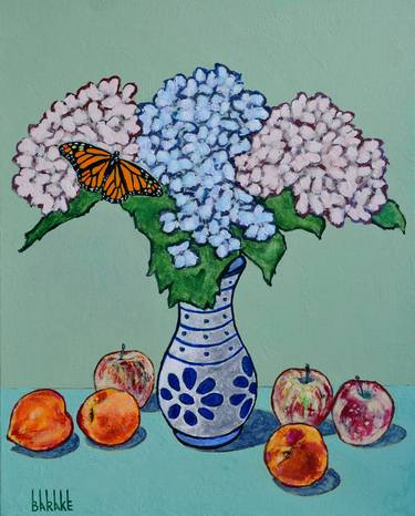 STILL LIFE WITH HYDRANGEAS,MONARCH BUTTERFLY,PEACHES & APPLES thumb
