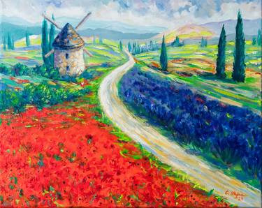 The Windmill between fields of poppies and lavender thumb