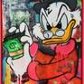"Works like a charm!" $$$$$
Uncle Scrooge McDuck in festive mood, he loves luxury brands and cash money..
Mixed media painting, acrylic, spray paint, glitter and glossy epoxy on canvas. Signed in front and titled at the back. The artwork is framed in pink wooden frame.