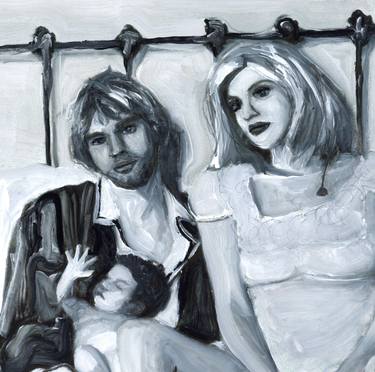 Kurt, Courtney and Frances Bean Cobain in bed thumb