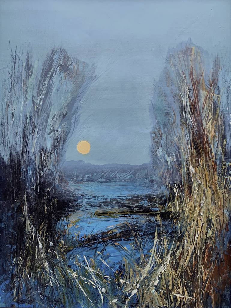 Original Water Painting by Anne Ducrot | Abstract Art on Paper | Moon Rise Over the Lake
