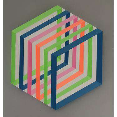 Original Modern Abstract Geometric Op Art Framed Hexagon Canvas thumb