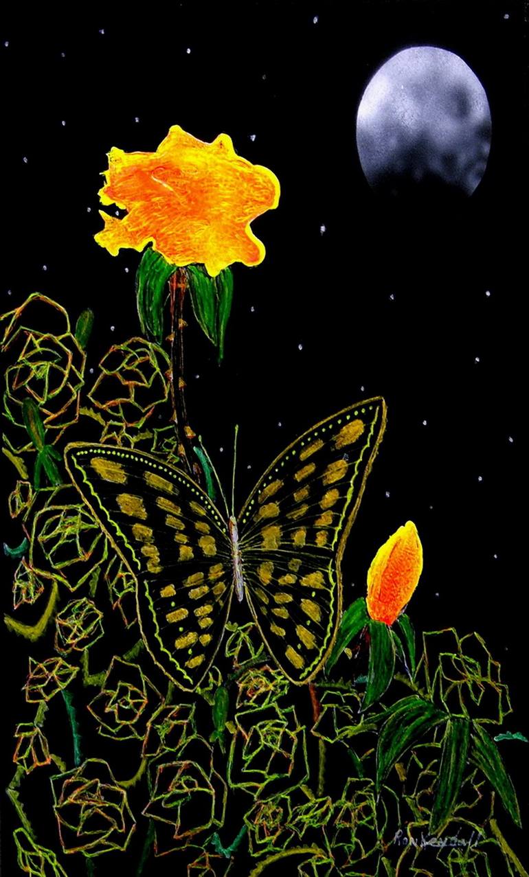 Butterfly And Rose In The Moon Painting by Ron Kendall | Saatchi Art