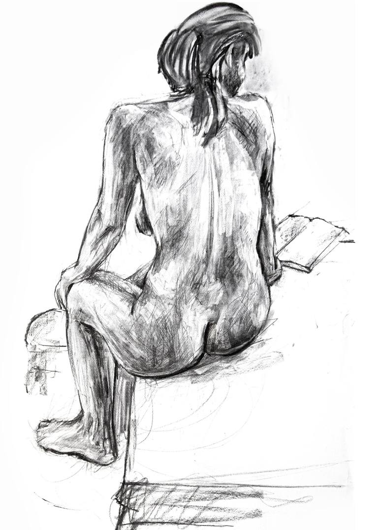 Hand Drawn Nude Female Figure Drawing Print. Black and White