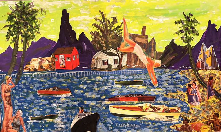 Original Boat Mixed Media by Carl Schumann | Surrealism Art on Other | Summer at the Lake