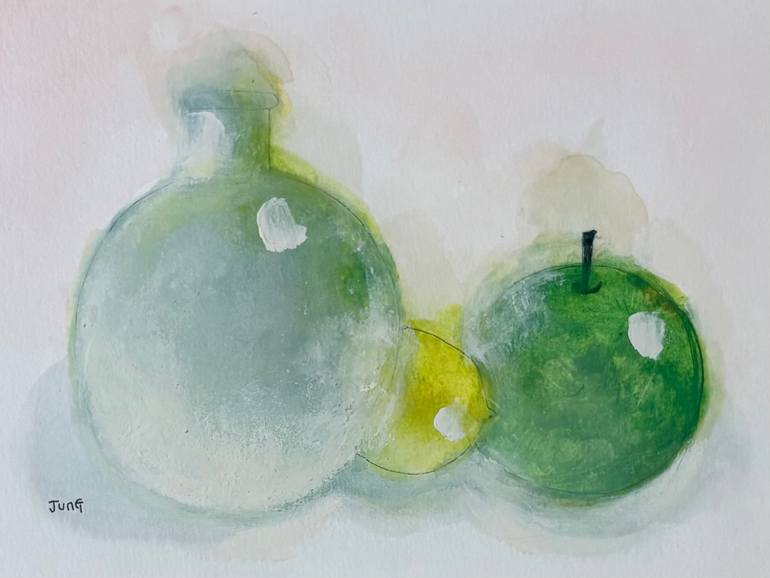 Original Still Life Painting by Jung Nowak | Abstract Art on Paper | Green Apple with Vase