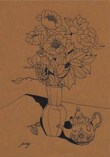 Full Boquet in Vase with Decorated Teapot thumb