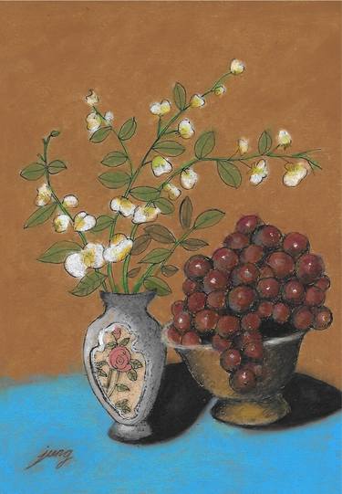 Ornate Vase of Tiny Flowers with Bowl of Grapes thumb