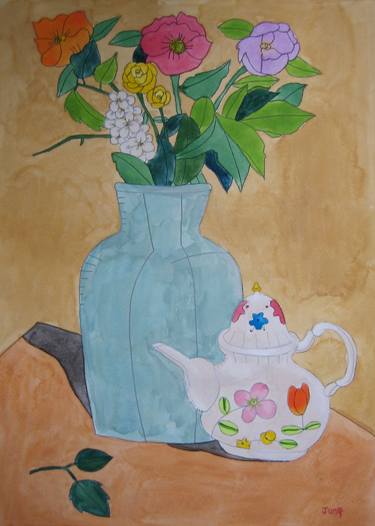 Blue Vase of Flowers Decorated White Teapot Beige Backround thumb