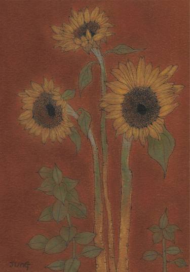 Three Sunflowers Brown Background thumb