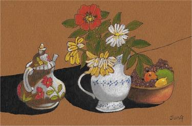 Decorated Teapot White Pitcher Flowers and Fruit thumb