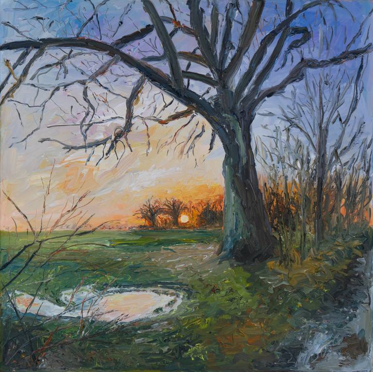 Original Landscape Painting by Ute Meyer | Contemporary Art on Wood | Sunset at the big oak tree
