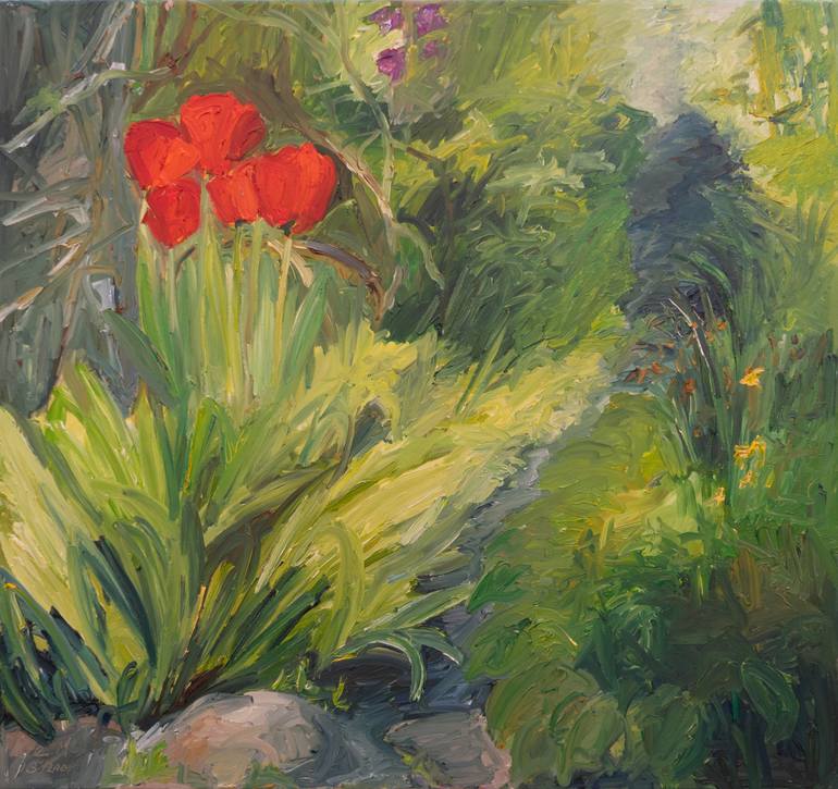 Original Floral Painting by Ute Meyer | Contemporary Art on Canvas | Red Tulips along the way