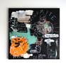 Part of a homage to Basquiat series.

A homage to inspirational Brooklyn born artist Jean-Michel Basquiat. Inspired by another Brooklyn native, Mike Tyson, this acrylic painting on canvas imitates Basquiat's naive style and features my signature spray painted stud details pierced through in the canvas.

The edges of this box canvas are painted black.
