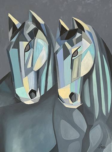 Twin Spirits Horses Blues Abstract thumb