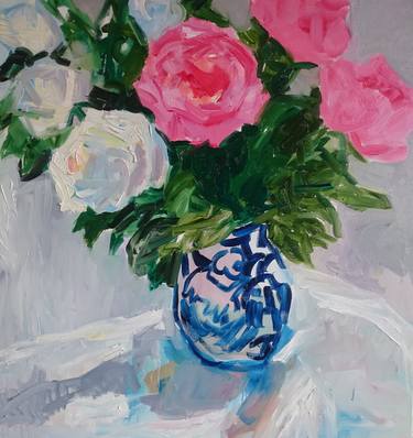 Peonies in a blue and white jug thumb