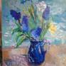 Still life.
Hyacinths and daffodils in a blue jug.
This painting is Inspired by bright spring flowers and fresh seaside air.
100x80x4,5cm
Sides are painted.