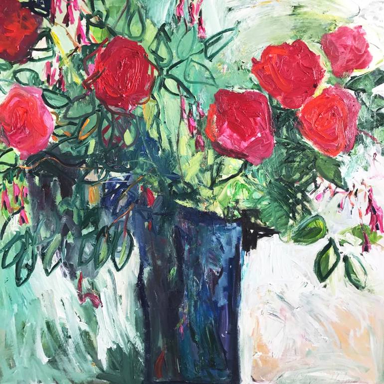 Red roses in a blue vase Painting by Lilia Orlova-Holmes | Saatchi Art