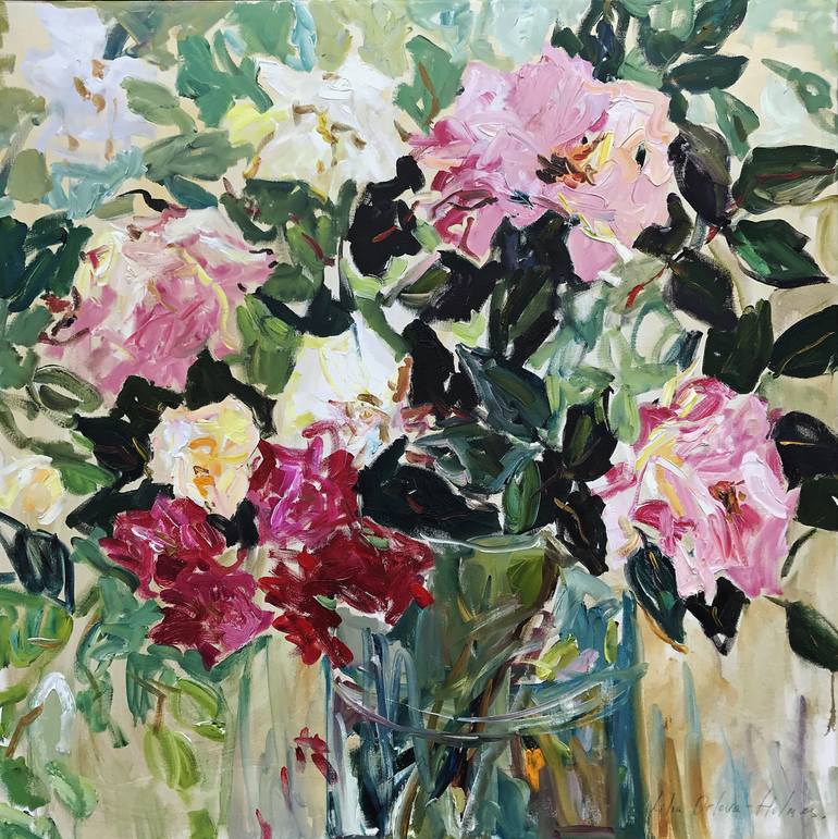 Roses in a glass vase. Painting by Lilia Orlova-Holmes | Saatchi Art