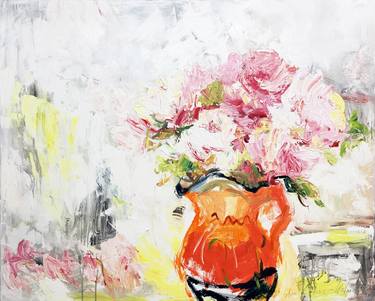 Peonies in an orange jug. thumb